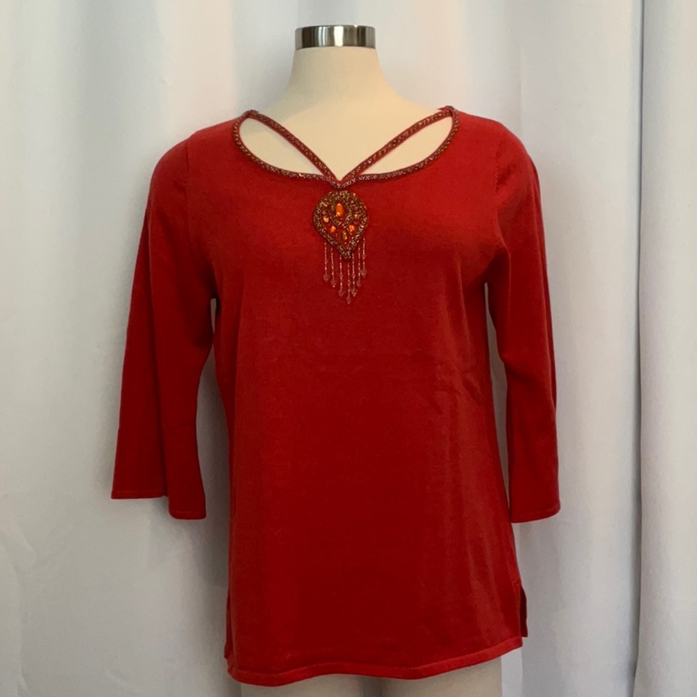 NWT Bob Mackie Wearable Art Red Beaded 3/4 Sleeve Sweater Women Size L